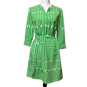 Trina Turk Garden Geo Maze Green White Geometric Print Belted Shirt Dress Size 4